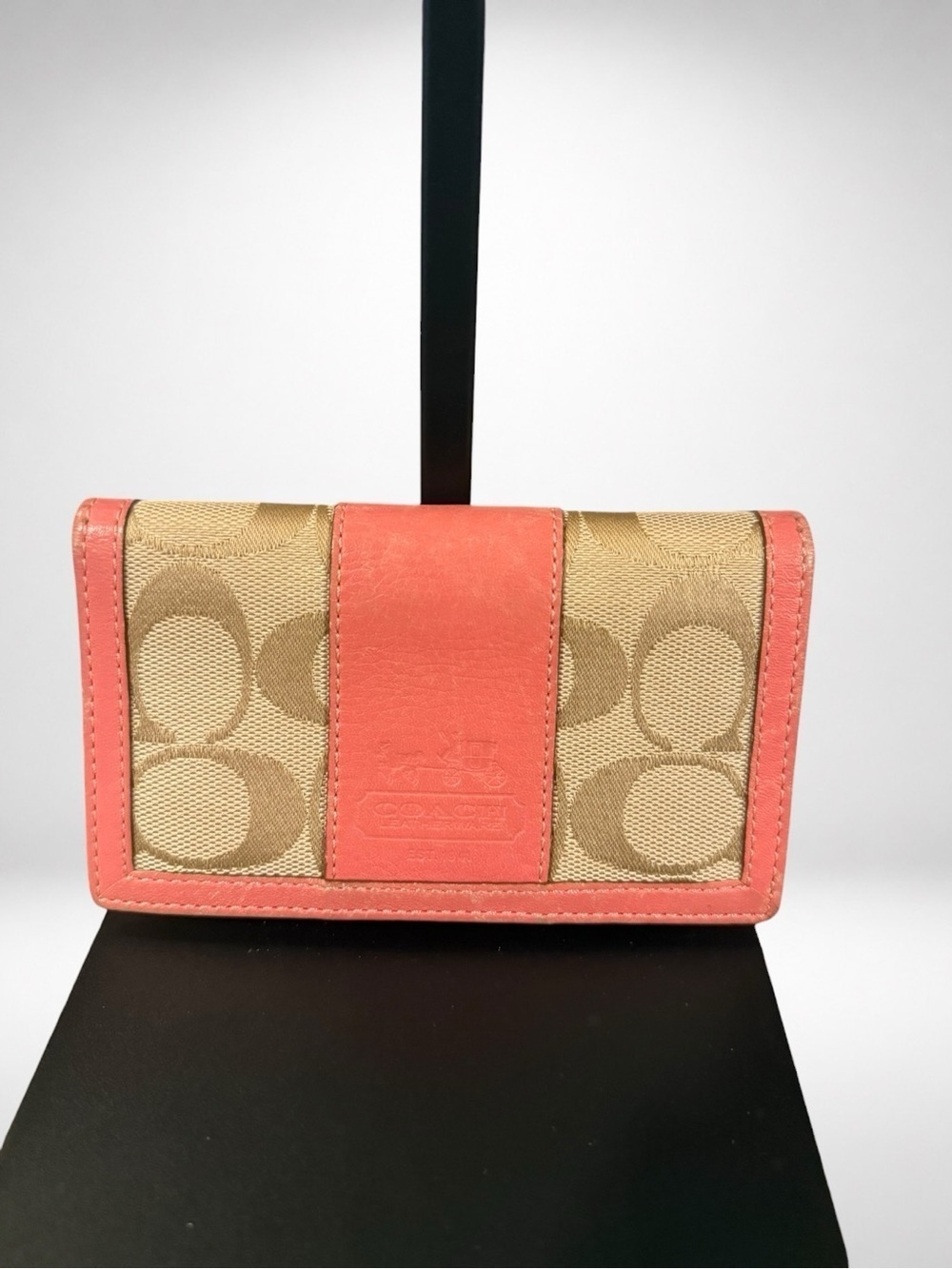 COACH Signature Card Case Wallet Khaki Coral Pink Leather Bifold Vintage Y2K